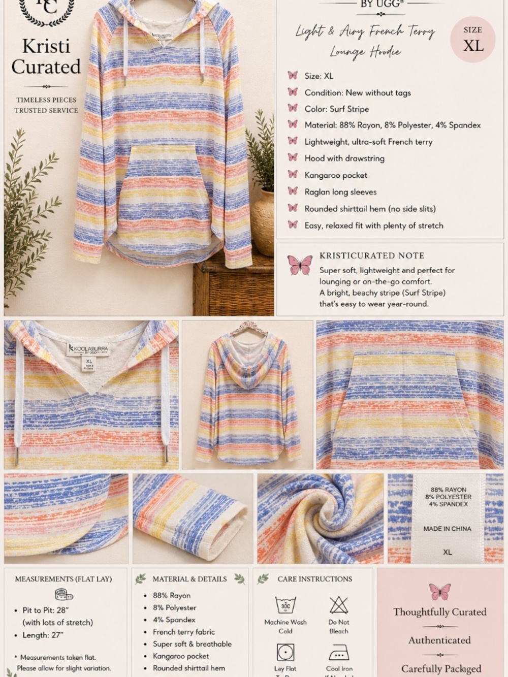 Koolaburra by UGG Light & Airy French Terry Lounge Hoodie XL Surf Stripe NWOT - Picture 2 of 4